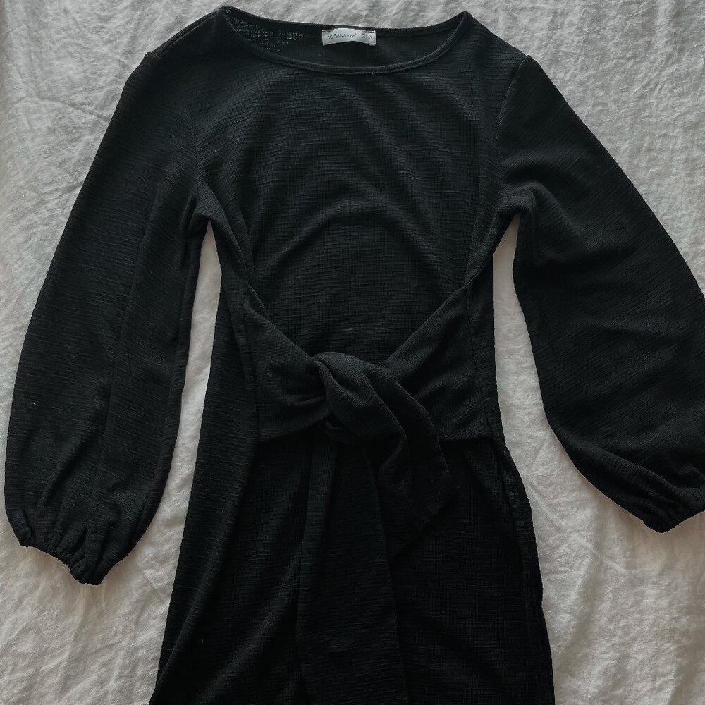 R.Vivimos Long Sleeve Black Dress - Flattering Stomach Concealing Waist Tie - S